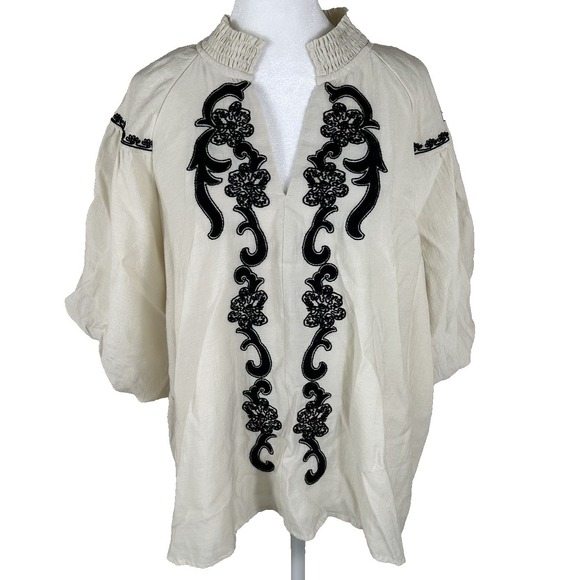 Style U Tops - Style U Peasant Blouse Women XL Cream Embroidered Boho Puff‎ Sleeve WC4360